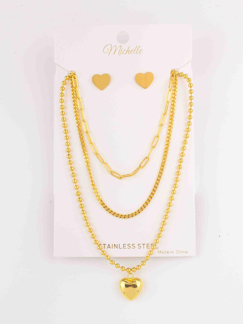 WOMEN'S GOLD STAINLESS STEEL HEART EARRINGS & NECKLACE SET