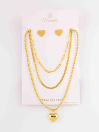 WOMEN'S GOLD STAINLESS STEEL HEART EARRINGS & NECKLACE SET