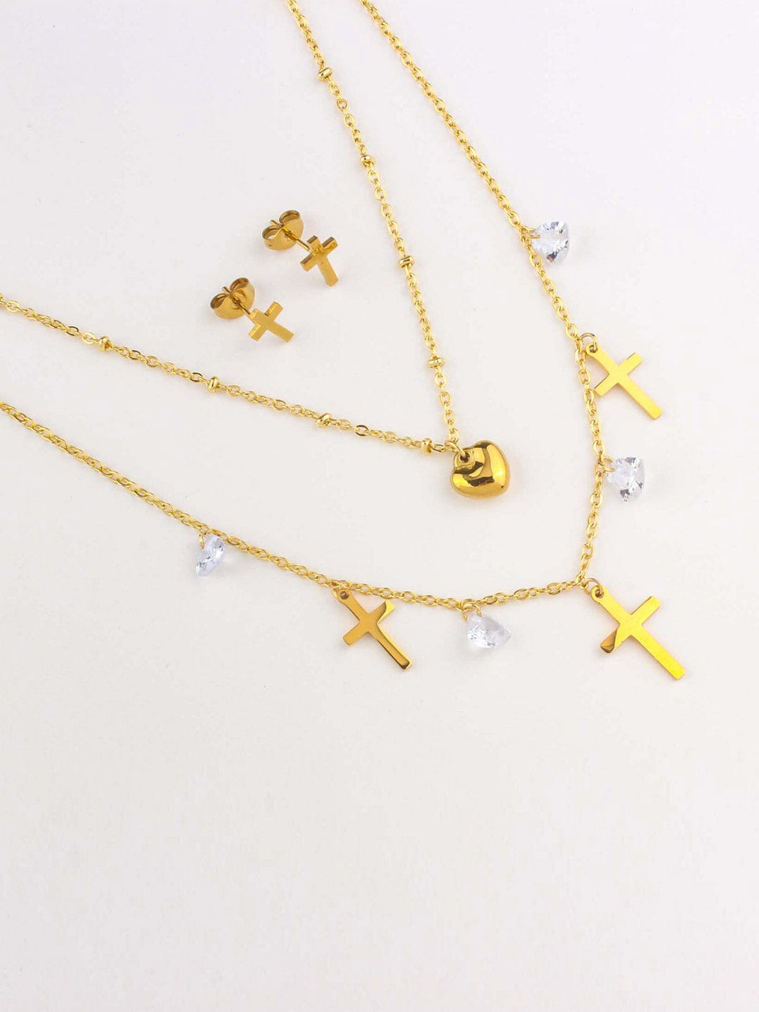 WOMEN'S STAINLESS STEEL CROSS & HEART EARRINGS & NECKLACE SET