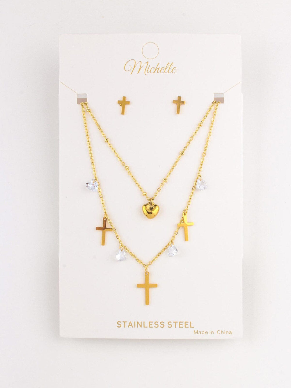 WOMEN'S STAINLESS STEEL CROSS & HEART EARRINGS & NECKLACE SET