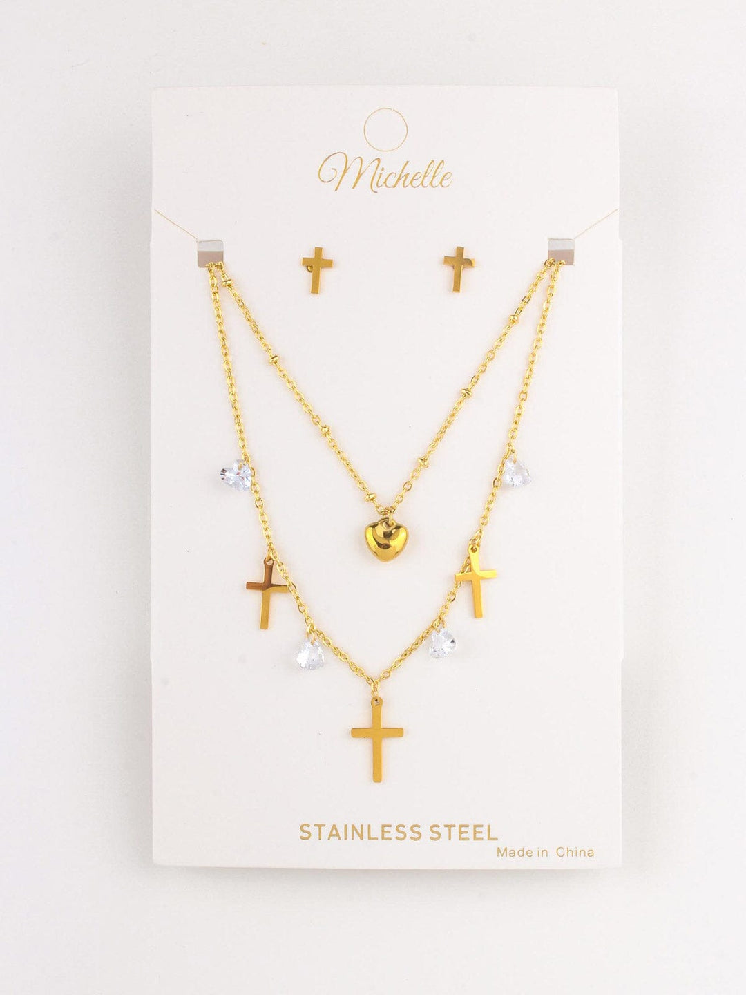 WOMEN'S STAINLESS STEEL CROSS & HEART EARRINGS & NECKLACE SET