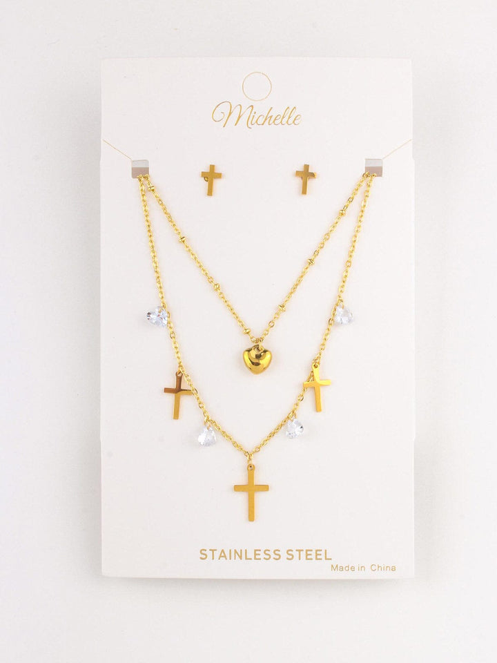 WOMEN'S STAINLESS STEEL CROSS & HEART EARRINGS & NECKLACE SET