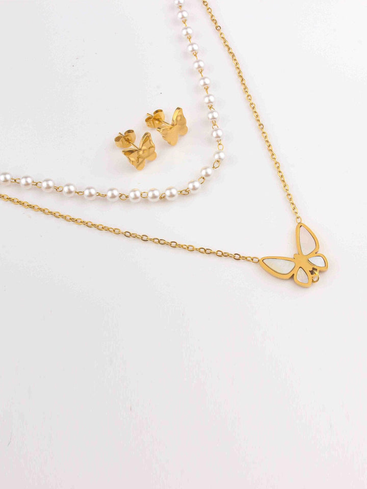 WOMEN'S GOLD STAINLESS STEEL BUTTERFLY EARRINGS & NECKLACE SET