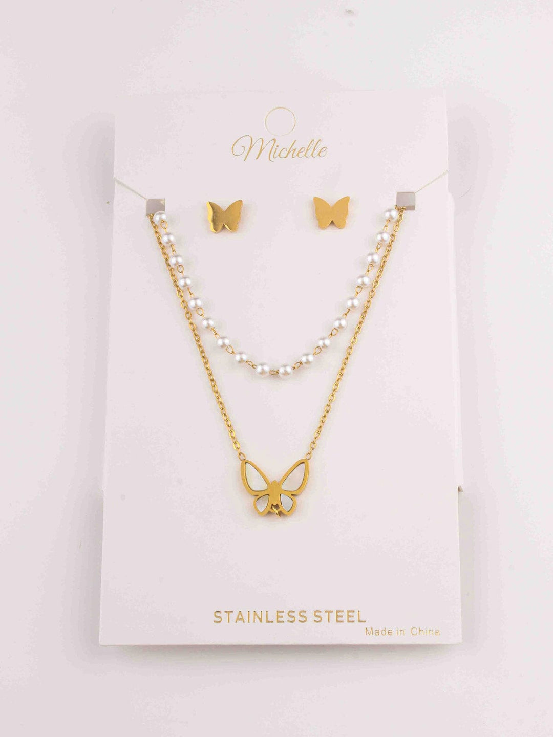 WOMEN'S GOLD STAINLESS STEEL BUTTERFLY EARRINGS & NECKLACE SET