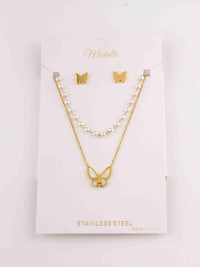 WOMEN'S GOLD STAINLESS STEEL BUTTERFLY EARRINGS & NECKLACE SET