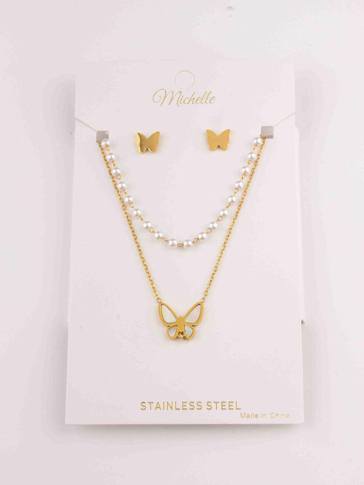 WOMEN'S GOLD STAINLESS STEEL BUTTERFLY EARRINGS & NECKLACE SET