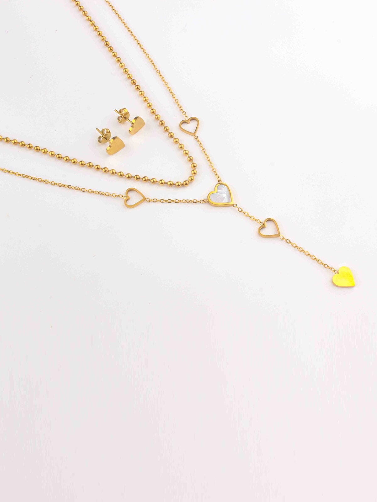 WOMEN'S GOLD STAINLESS STEEL HEART EARRINGS & NECKLACE SET