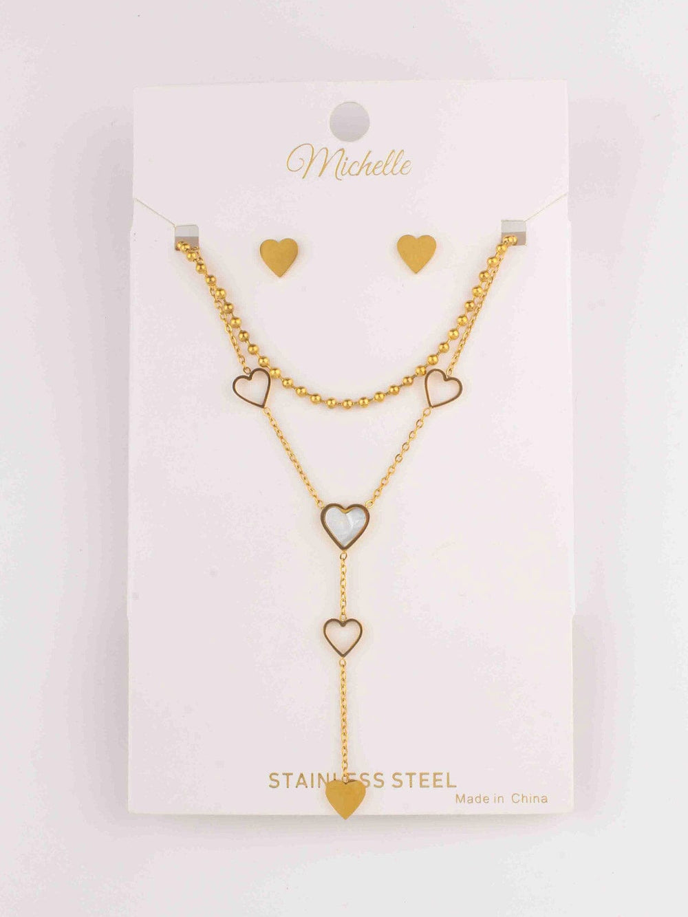 WOMEN'S GOLD STAINLESS STEEL HEART EARRINGS & NECKLACE SET