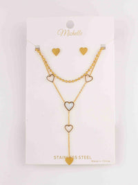WOMEN'S GOLD STAINLESS STEEL HEART EARRINGS & NECKLACE SET