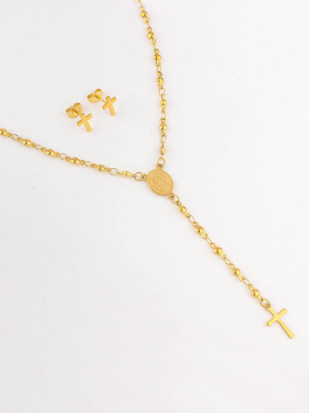 WOMEN'S STAINLESS STEEL GOLD RELIGIOUS EARRINGS & NECKLACE SET