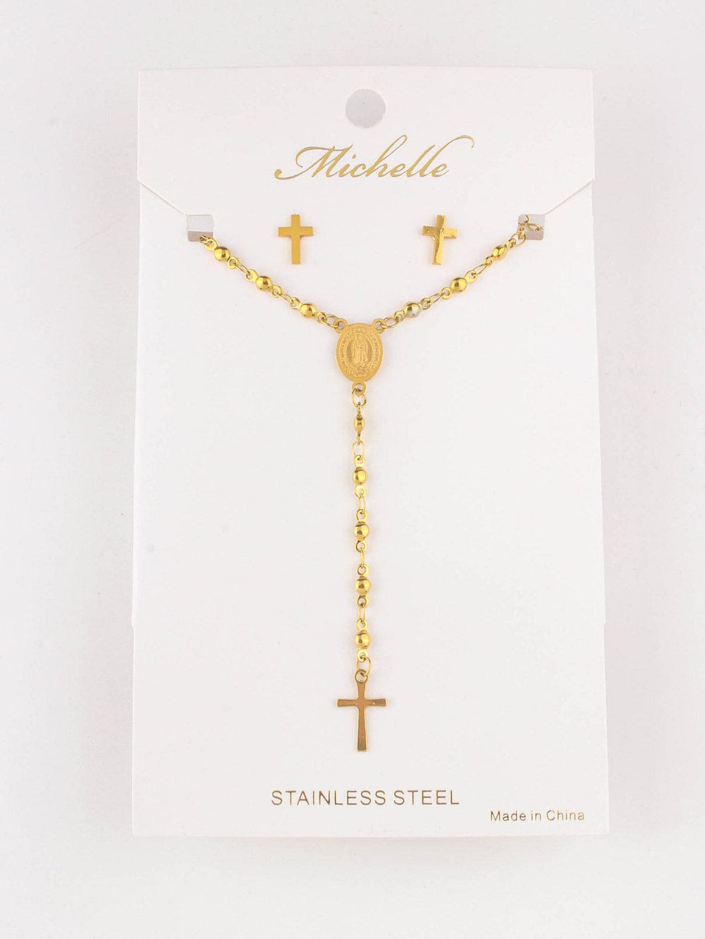 WOMEN'S STAINLESS STEEL GOLD RELIGIOUS EARRINGS & NECKLACE SET