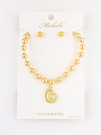 FASHION PEARL EARRINGS & SEA SHELL NECKLACE SET
