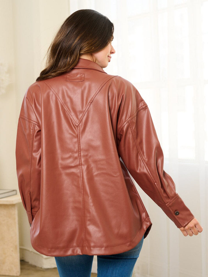 WOMEN'S LONG SLEEVE BUTTON UP FRONT POCKET PU PLEATHER JACKET