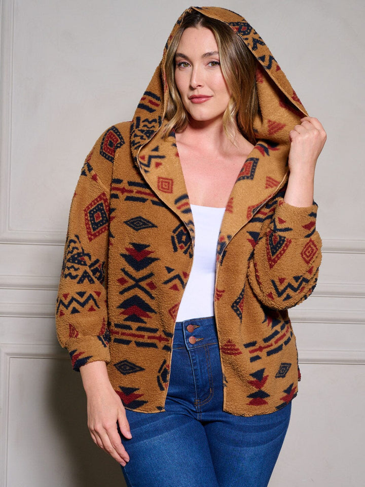 PLUS SIZE LONG SLEEVE POCKETS OPEN FRONT HOODED PRINTED CARDIGAN