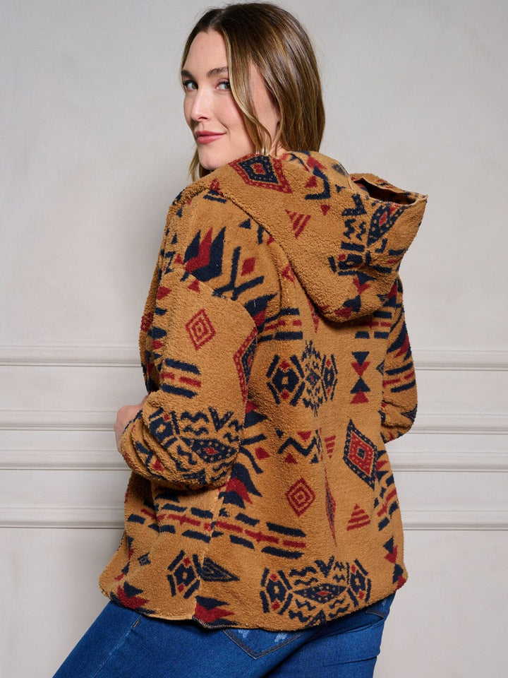 PLUS SIZE LONG SLEEVE POCKETS OPEN FRONT HOODED PRINTED CARDIGAN