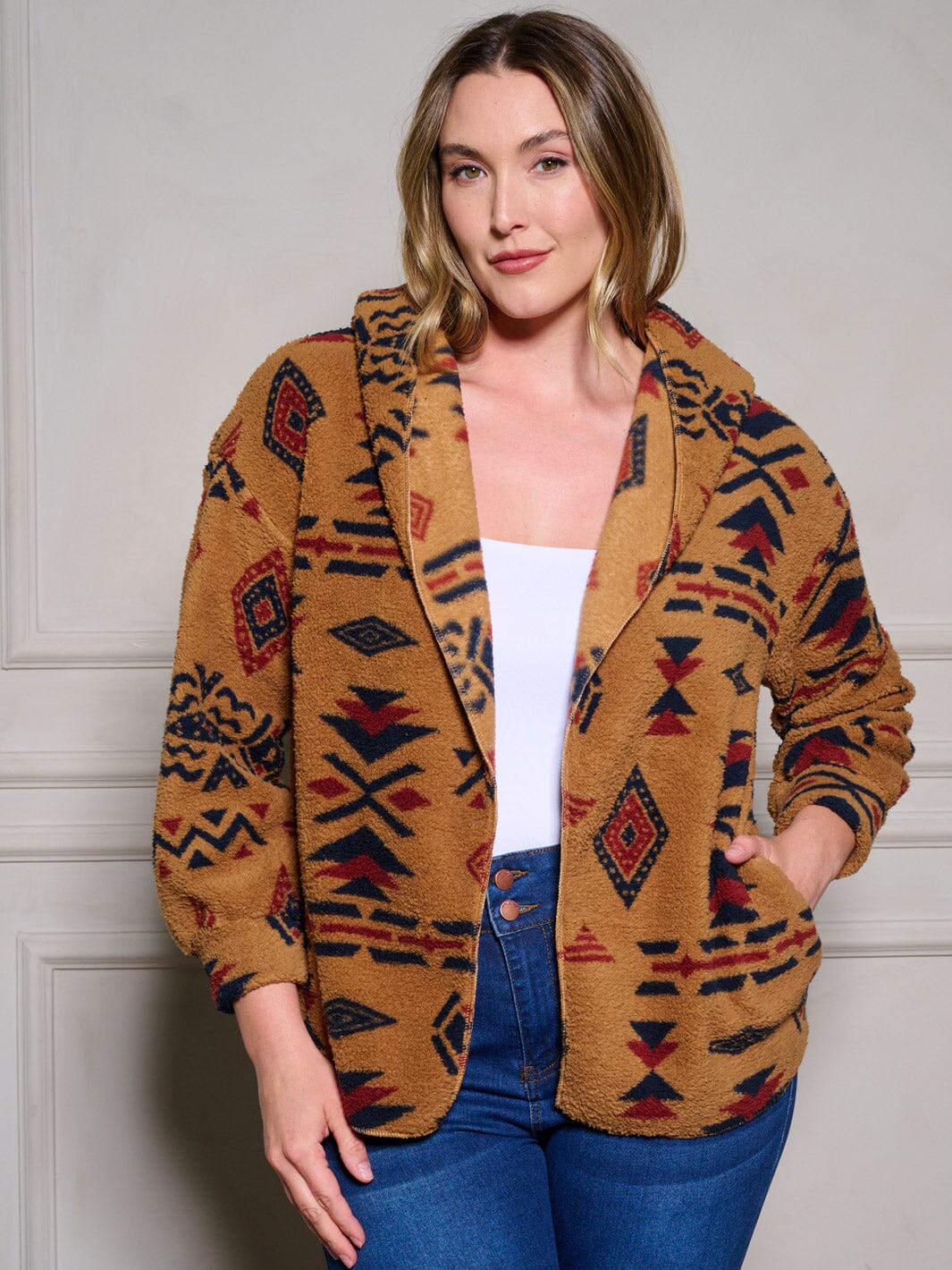 PLUS SIZE LONG SLEEVE POCKETS OPEN FRONT HOODED PRINTED CARDIGAN