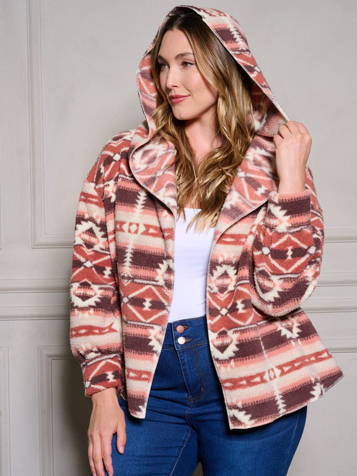 PLUS SIZE LONG SLEEVE POCKETS OPEN FRONT HOODED PRINTED CARDIGAN