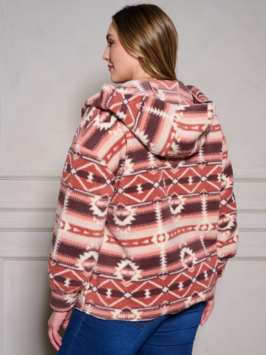 PLUS SIZE LONG SLEEVE POCKETS OPEN FRONT HOODED PRINTED CARDIGAN