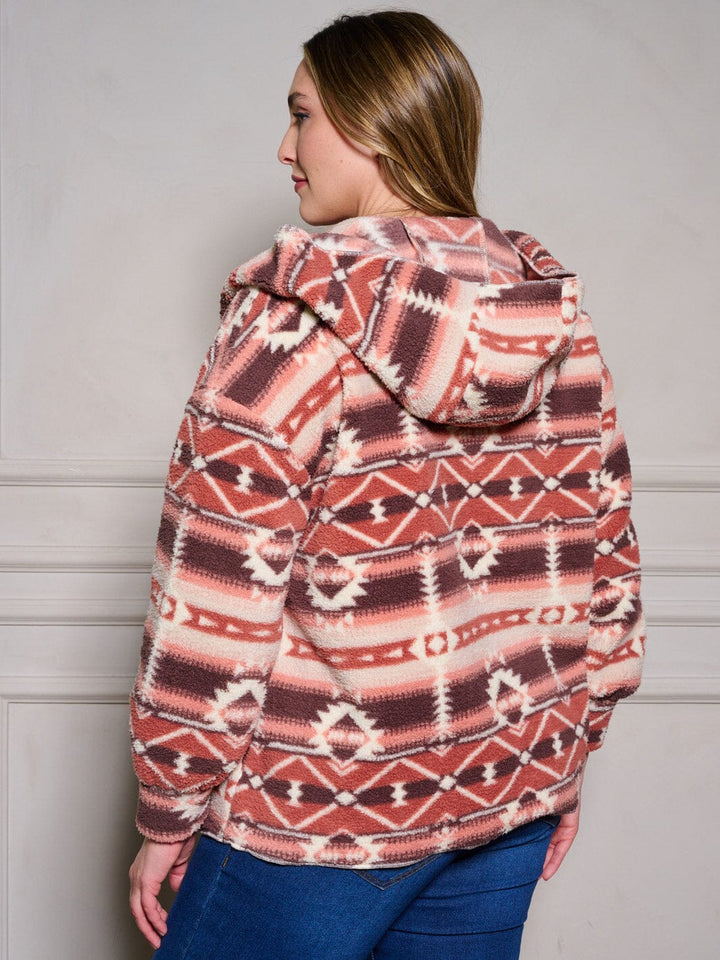 PLUS SIZE LONG SLEEVE POCKETS OPEN FRONT HOODED PRINTED CARDIGAN