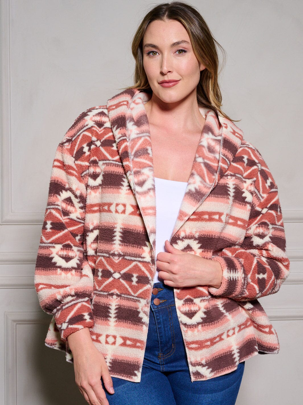 PLUS SIZE LONG SLEEVE POCKETS OPEN FRONT HOODED PRINTED CARDIGAN