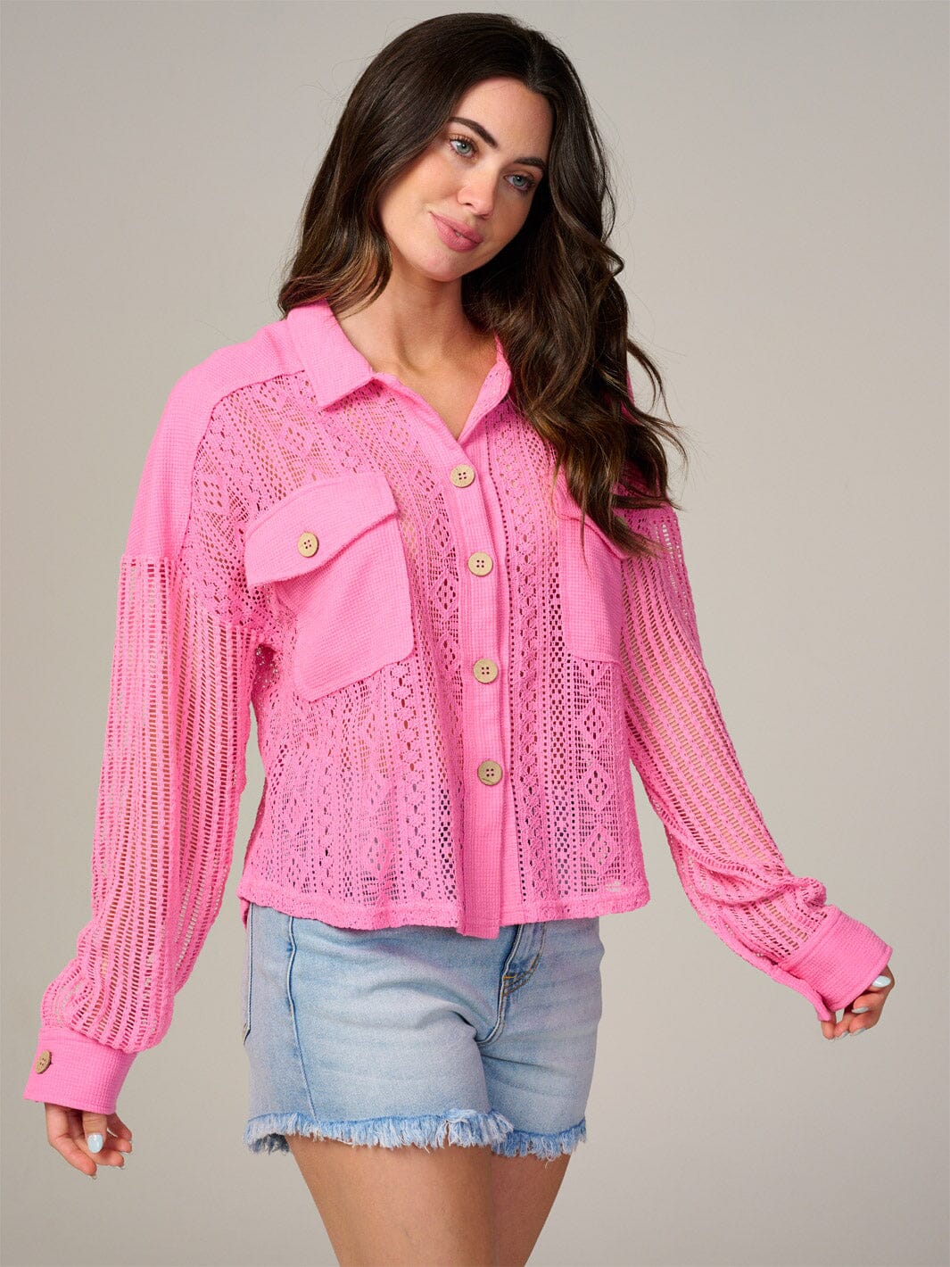 WOMEN'S LONG SLEEVE BUTTON UP FRONT POCKETS KNIT BLOUSE