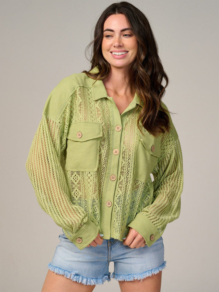 WOMEN'S LONG SLEEVE BUTTON UP FRONT POCKETS KNIT BLOUSE