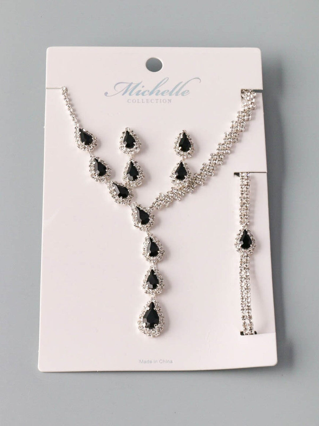 WOMEN'S SILVER BLACK STONES BRACELET & EARRINGS & NECKLACE SET