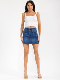 WOMEN'S BUTTON CLOSURE POCKETS WASHED STRETCH DENIM MINI SKIRT