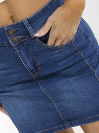 WOMEN'S BUTTON CLOSURE POCKETS WASHED STRETCH DENIM MINI SKIRT