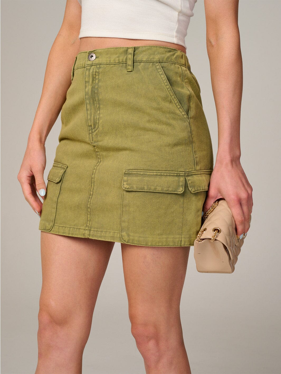 WOMEN'S BUTTON CLOSURE POCKETS WASHED DENIM MINI SKIRT