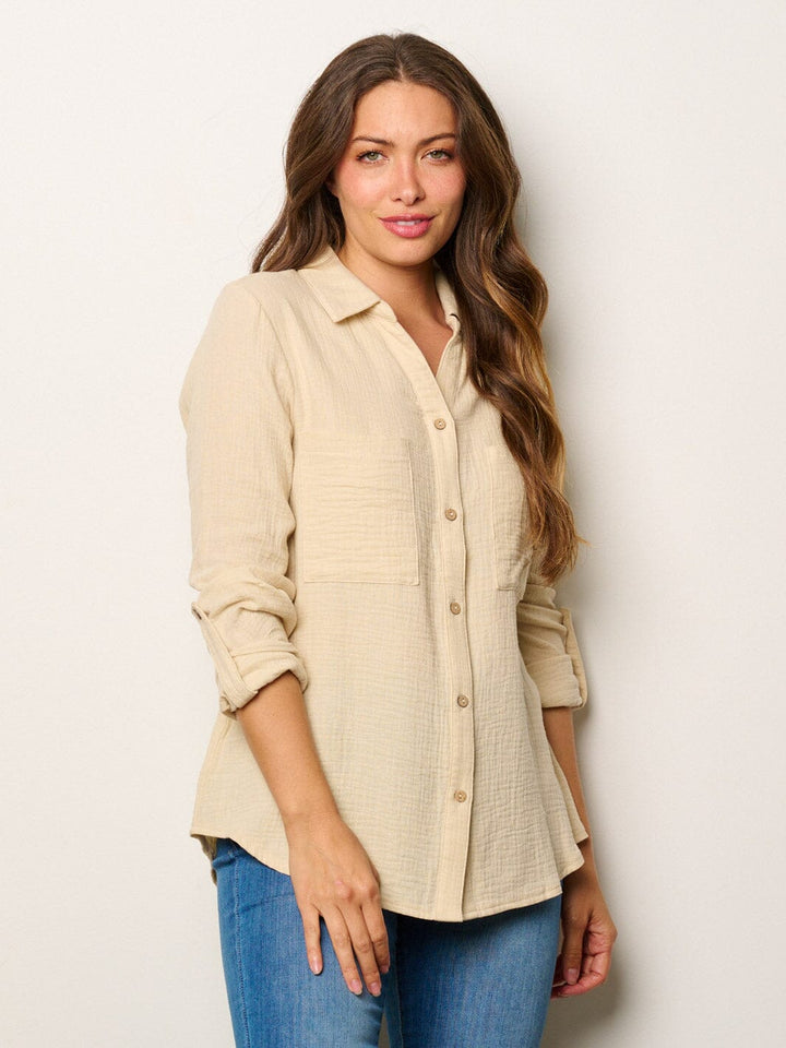 WOMEN'S LONG SLEEVE BUTTON UP FRONT POCKETS BLOUSE TOP