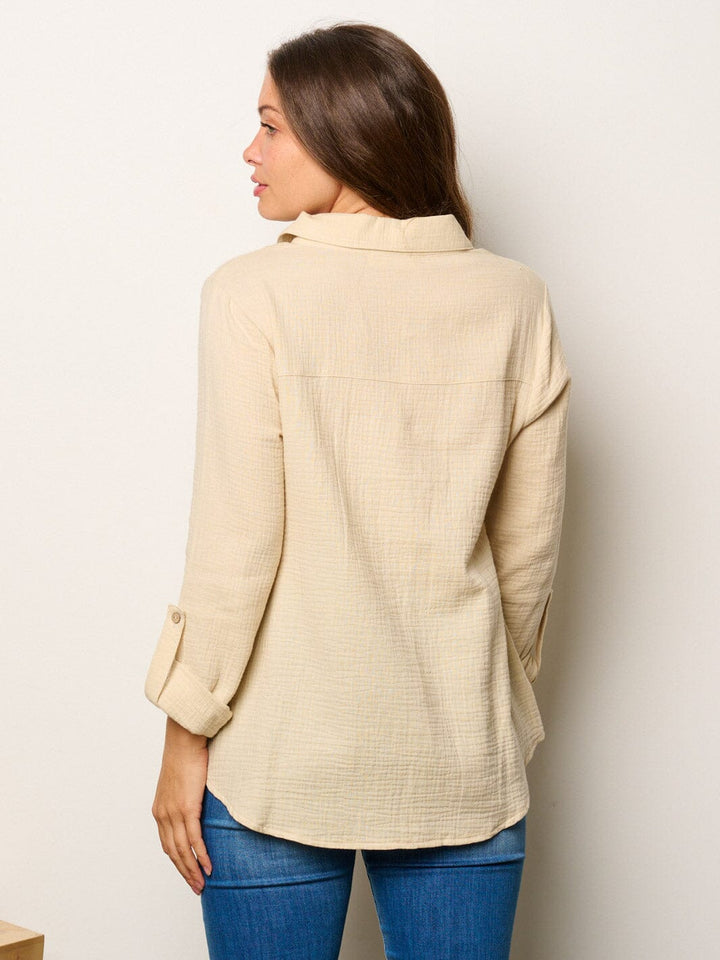 WOMEN'S LONG SLEEVE BUTTON UP FRONT POCKETS BLOUSE TOP