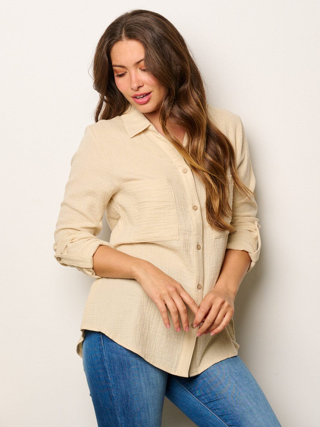 WOMEN'S LONG SLEEVE BUTTON UP FRONT POCKETS BLOUSE TOP