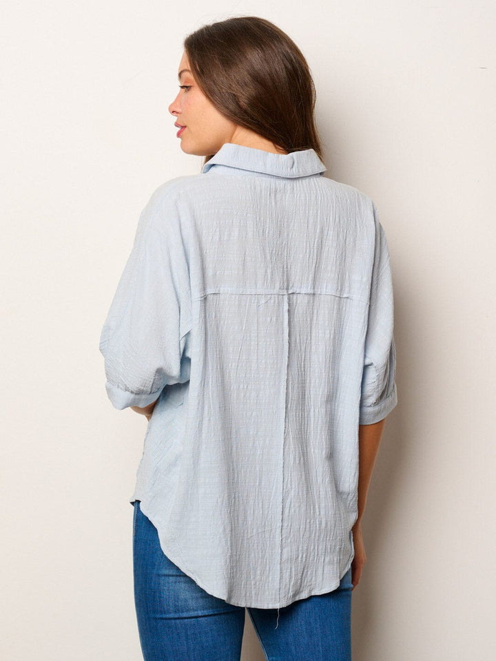 WOMEN'S SHORT SLEEVE BUTTON UP FRONT POCKET LOOSE FIT TOP