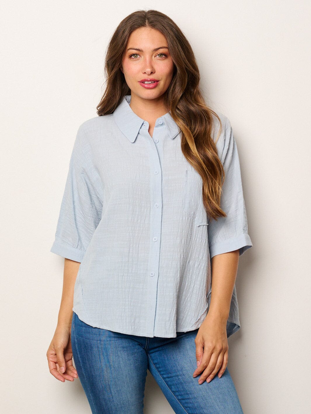 WOMEN'S SHORT SLEEVE BUTTON UP FRONT POCKET LOOSE FIT TOP
