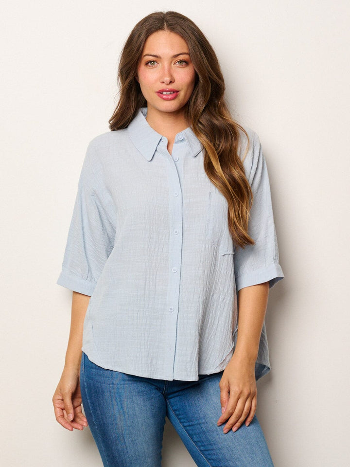 WOMEN'S SHORT SLEEVE BUTTON UP FRONT POCKET LOOSE FIT TOP