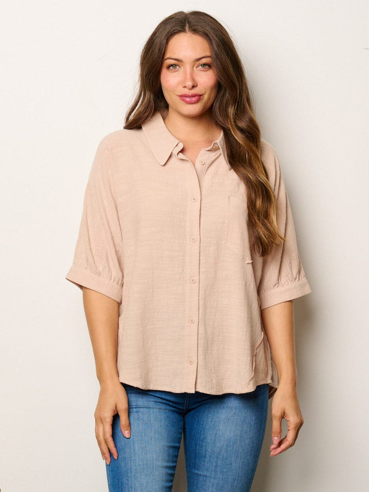 WOMEN'S SHORT SLEEVE BUTTON UP FRONT POCKET BLOUSE TOP