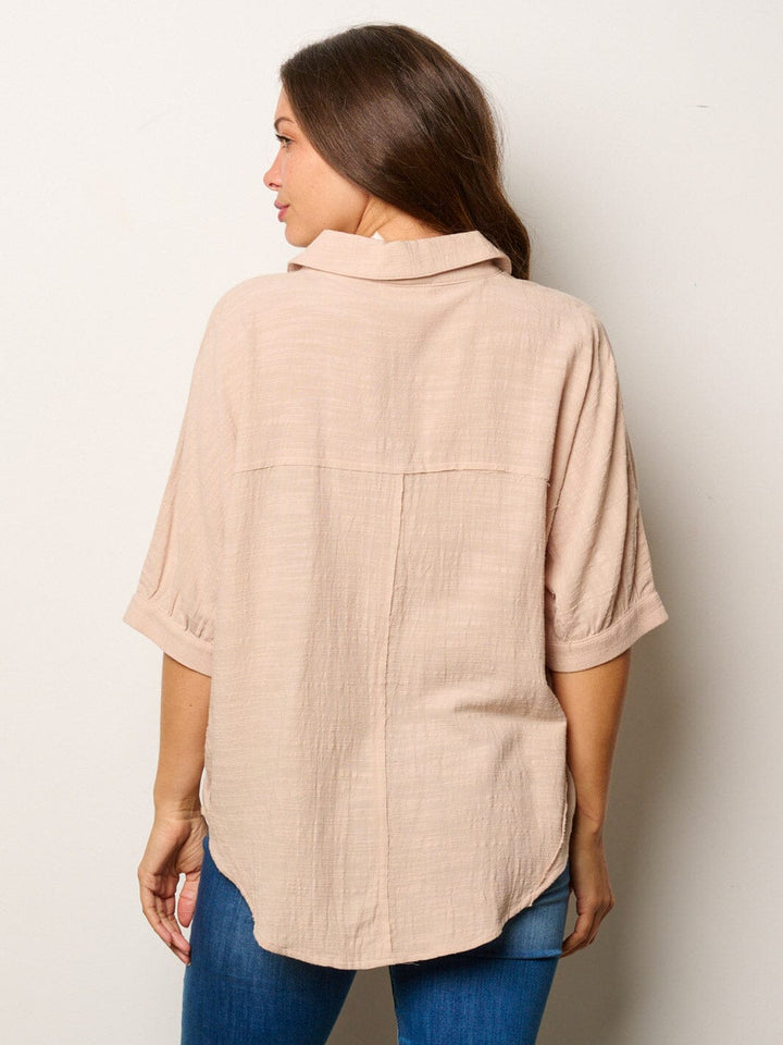WOMEN'S SHORT SLEEVE BUTTON UP FRONT POCKET BLOUSE TOP