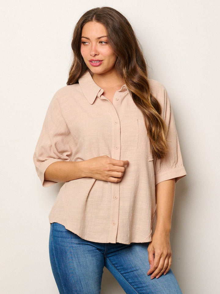 WOMEN'S SHORT SLEEVE BUTTON UP FRONT POCKET BLOUSE TOP