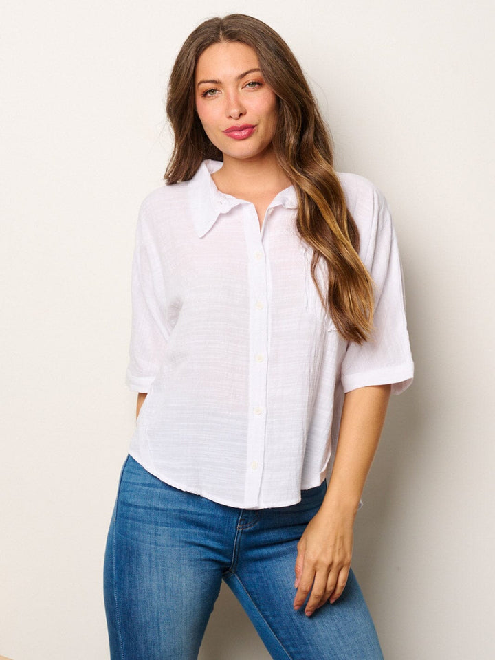WOMEN'S SHORT SLEEVE BUTTON UP FRONT POCKET BLOUSE TOP