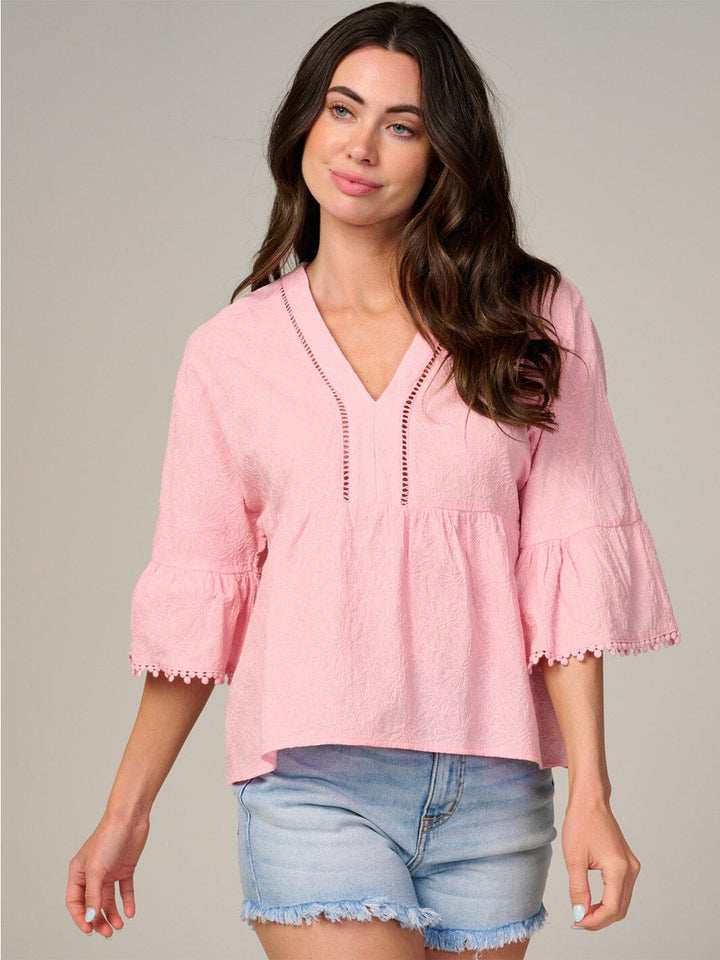 WOMEN'S SHORT SLEEVE V-NECK TRIM DETAILED BLOUSE