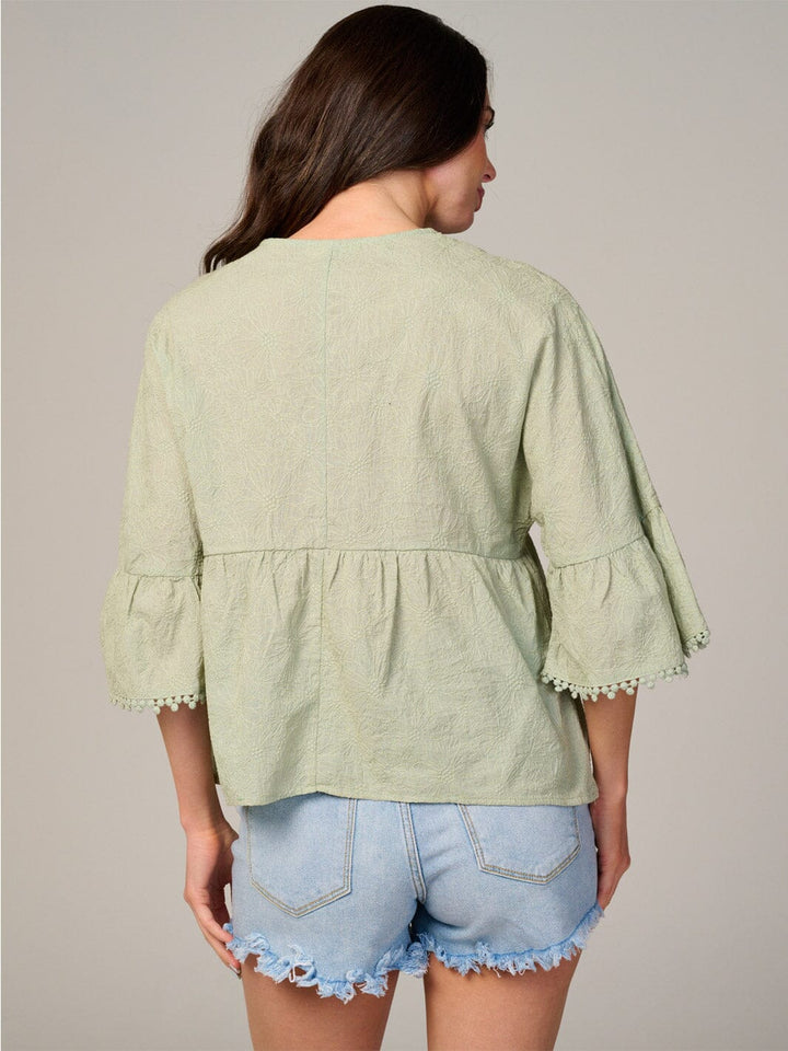 WOMEN'S SHORT SLEEVE V-NECK TRIM DETAILED BLOUSE