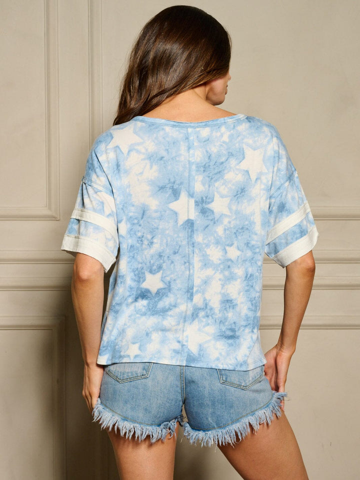 WOMEN'S SHORT SLEEVE STARS PRINT TIE DYE TOP