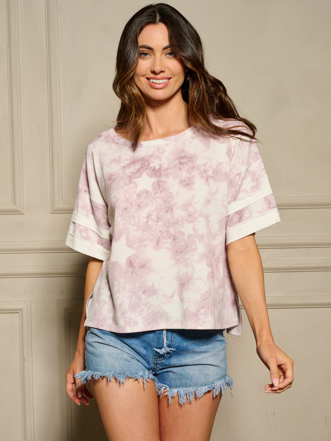 WOMEN'S SHORT SLEEVE STARS PRINT TIE DYE TOP