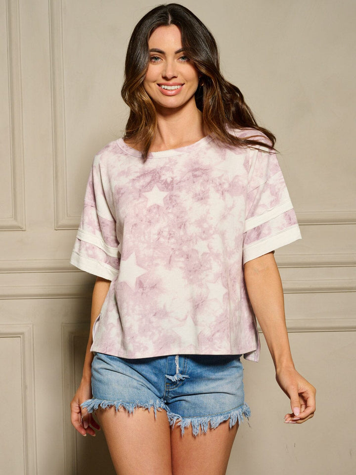 WOMEN'S SHORT SLEEVE STARS PRINT TIE DYE TOP