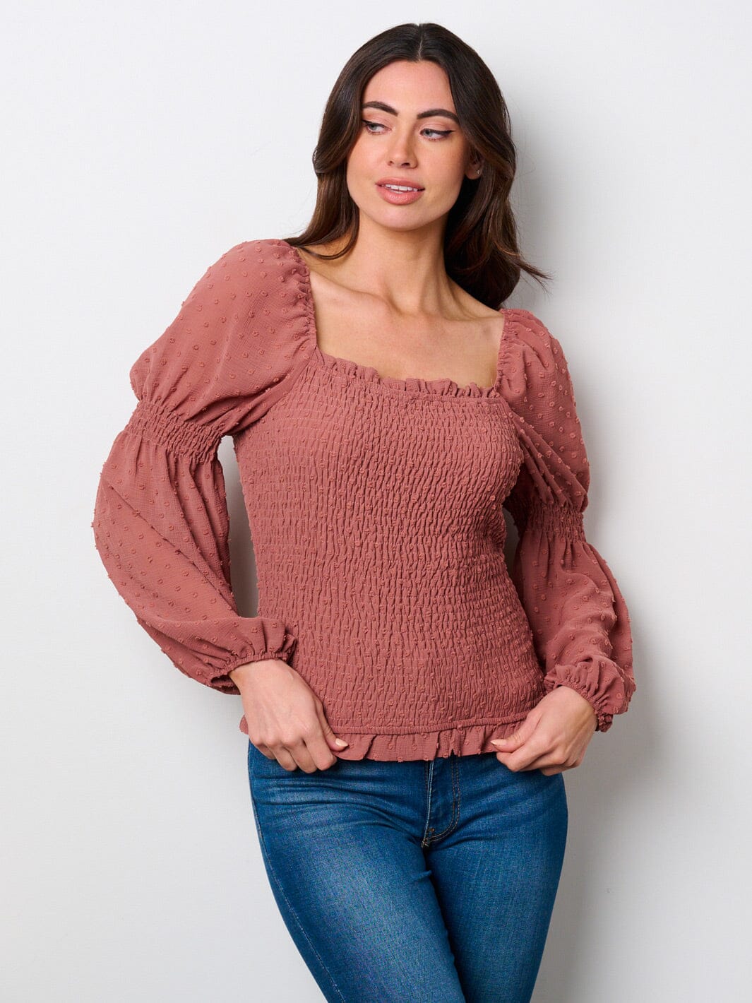 WOMEN'S LONG SLEEVE SMOCK SWISS DETAILED BLOUSE TOP