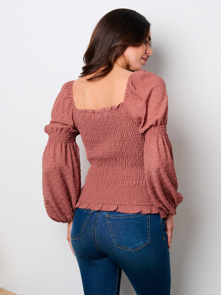 WOMEN'S LONG SLEEVE SMOCK SWISS DETAILED BLOUSE TOP