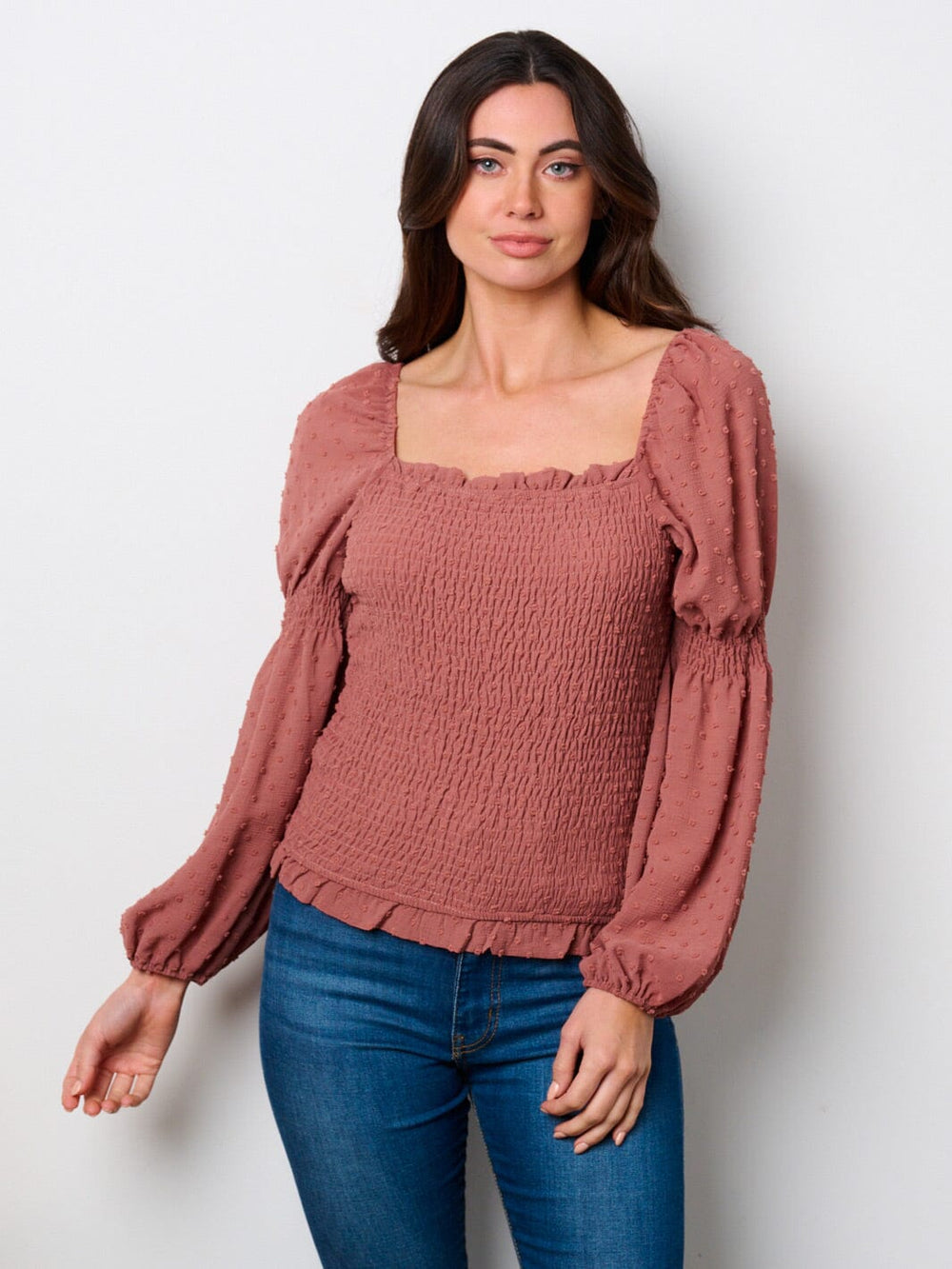 WOMEN'S LONG SLEEVE SMOCK SWISS DETAILED BLOUSE TOP