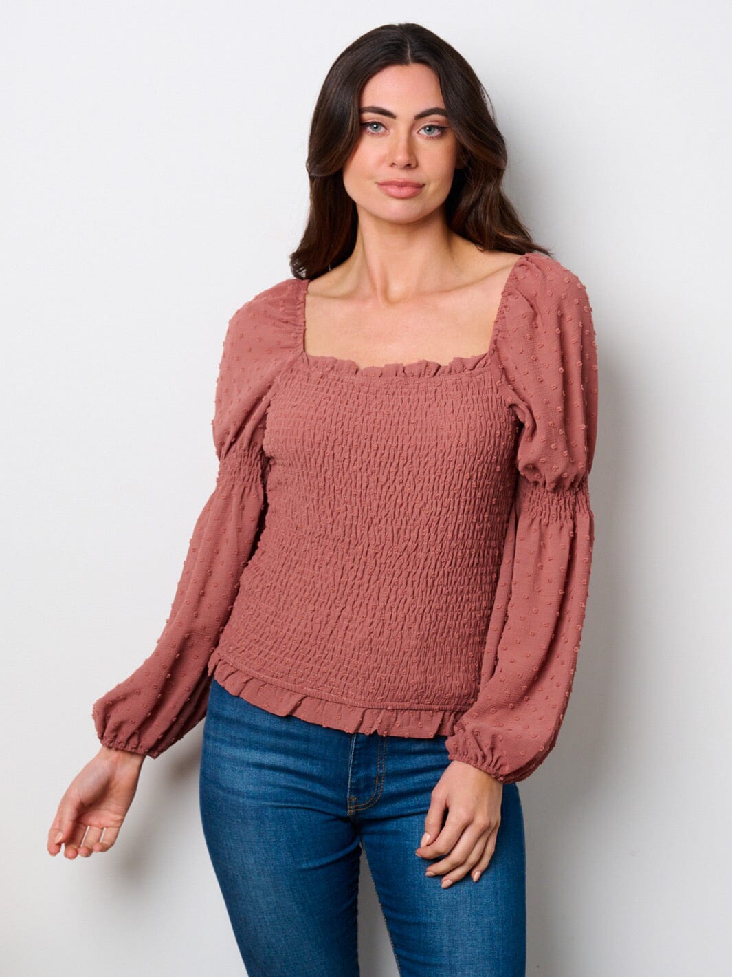 WOMEN'S LONG SLEEVE SMOCK SWISS DETAILED BLOUSE TOP