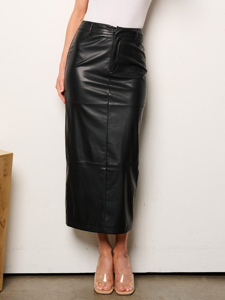 WOMEN'S BUTTON CLOSURE PU PLEATHER MAXI SKIRT